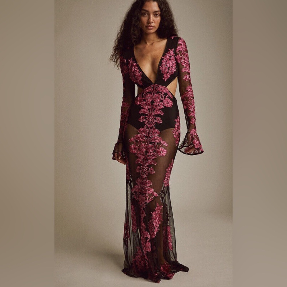 For Love & Lemons Temecula Pink Black Floral Lace Embroidered Cut Out Maxi Dress